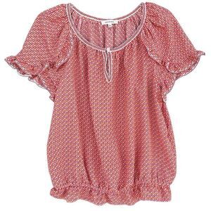 Max Studio Red Orangish Blouse Top Women’s Size Large Ruffled Scoop Neck Elastic